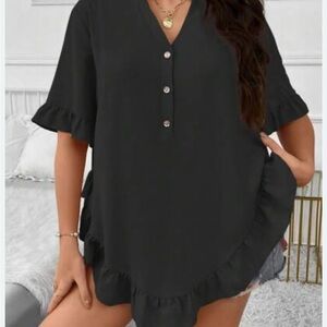 Shein Black Flounce Ruffle Hem Short Sleeve Gold
Button Tunic Blouse 1XL